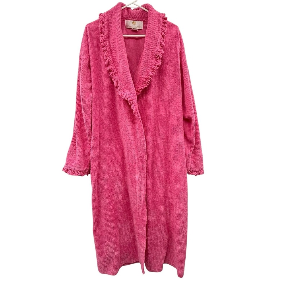 Pink Coquette Vintage 70s Stan Herman Chenille Robe - Ruffled barbiecore med USA